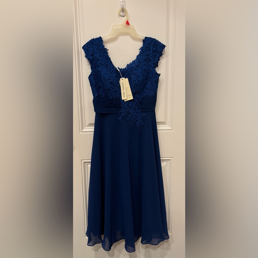 NWT Navy Lace Bodice Chiffon A-Line Dress